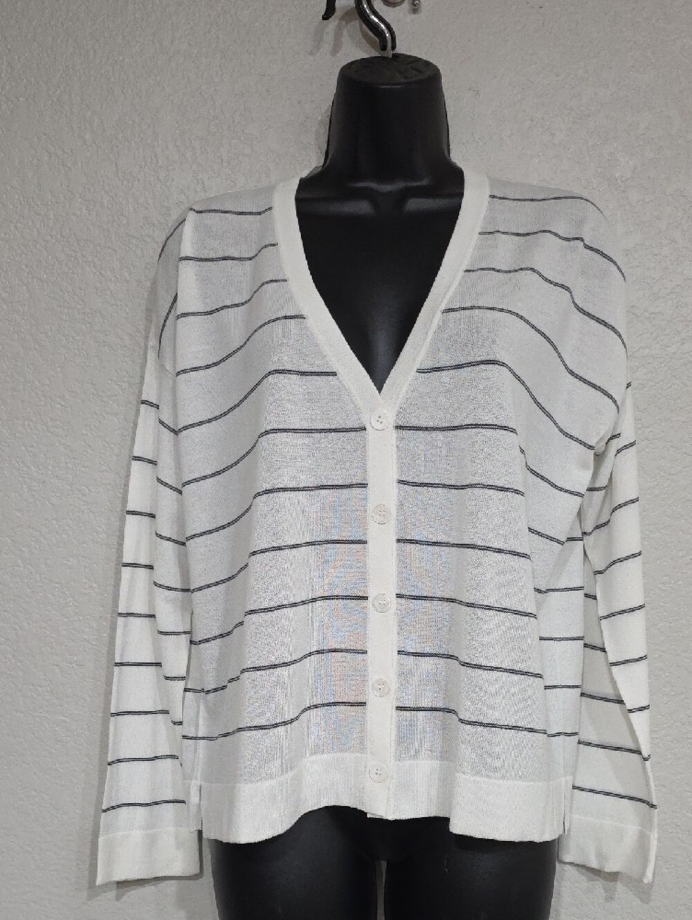 Eileen Fisher | NWT Women's White Gray Stripe Long Sleeve Short Cardigan Sz PM